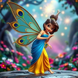 A striking 3D Disney-style cartoon action figure of a fairy, featuring magnificent wings decorated with an intricate peacock feather pattern