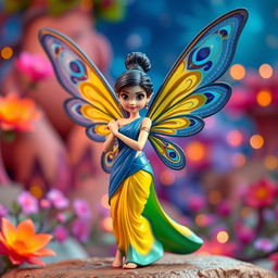 A striking 3D Disney-style cartoon action figure of a fairy, featuring magnificent wings decorated with an intricate peacock feather pattern