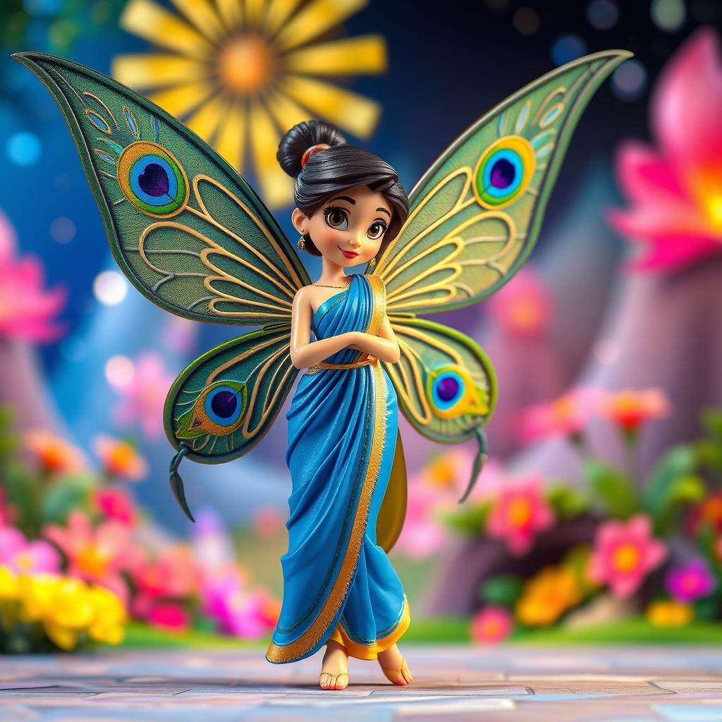 A striking 3D Disney-style cartoon action figure of a fairy, featuring magnificent wings decorated with an intricate peacock feather pattern