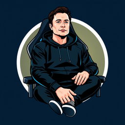 A logo design featuring Elon Musk dressed in a sleek black hoodie, sitting comfortably in a modern gamer chair