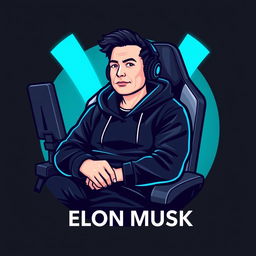 A logo design featuring Elon Musk dressed in a sleek black hoodie, sitting comfortably in a modern gamer chair