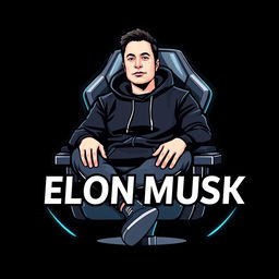 A logo design featuring Elon Musk dressed in a sleek black hoodie, sitting comfortably in a modern gamer chair