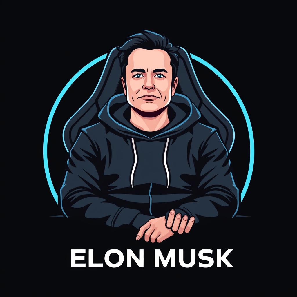 A logo design featuring Elon Musk dressed in a sleek black hoodie, sitting comfortably in a modern gamer chair
