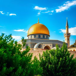 A stunning high-resolution wallpaper of Masjid Al Aqsa, showcasing its beautiful architecture, intricate details, and the golden dome under a vibrant blue sky
