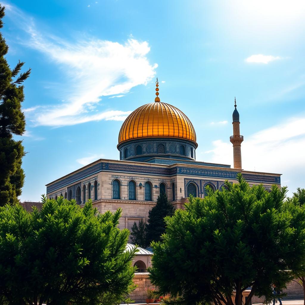 A stunning high-resolution wallpaper of Masjid Al Aqsa, showcasing its beautiful architecture, intricate details, and the golden dome under a vibrant blue sky