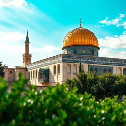 A stunning high-resolution wallpaper of Masjid Al Aqsa, showcasing its beautiful architecture, intricate details, and the golden dome under a vibrant blue sky