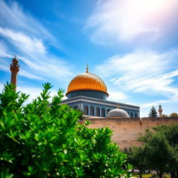 A stunning high-resolution wallpaper of Masjid Al Aqsa, showcasing its beautiful architecture, intricate details, and the golden dome under a vibrant blue sky