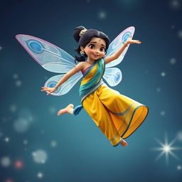 A vibrant 3D Pixar-style action figure leaping through the air, with delicate fairy wings featuring an intricate peacock pattern