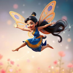 A vibrant 3D Pixar-style action figure leaping through the air, with delicate fairy wings featuring an intricate peacock pattern
