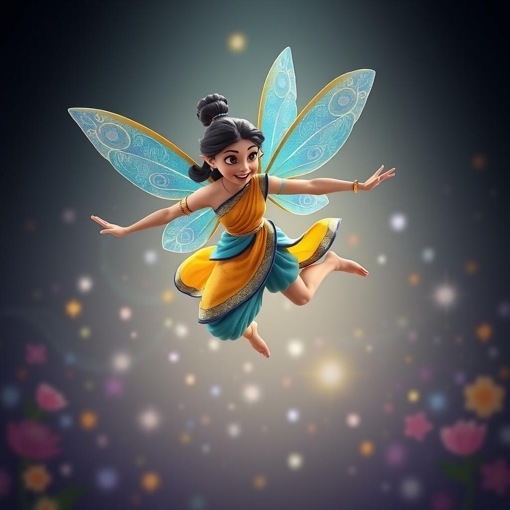A vibrant 3D Pixar-style action figure leaping through the air, with delicate fairy wings featuring an intricate peacock pattern
