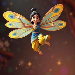 A vibrant 3D Pixar-style action figure leaping through the air, with delicate fairy wings featuring an intricate peacock pattern