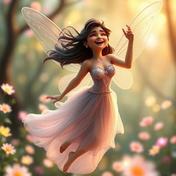 A stunning 3D image of an enchanting fairy inspired by Priyanka Chopra, characterized by her beautiful features and joyful expression