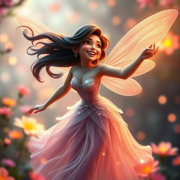 A stunning 3D image of an enchanting fairy inspired by Priyanka Chopra, characterized by her beautiful features and joyful expression