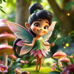 A vibrant, comical 3D Pixar-style cartoon fairy inspired by Priyanka Chopra, featuring a playful expression and whimsical costume adorned with colorful wings
