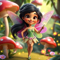 A vibrant, comical 3D Pixar-style cartoon fairy inspired by Priyanka Chopra, featuring a playful expression and whimsical costume adorned with colorful wings