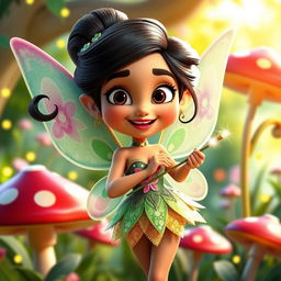 A vibrant, comical 3D Pixar-style cartoon fairy inspired by Priyanka Chopra, featuring a playful expression and whimsical costume adorned with colorful wings