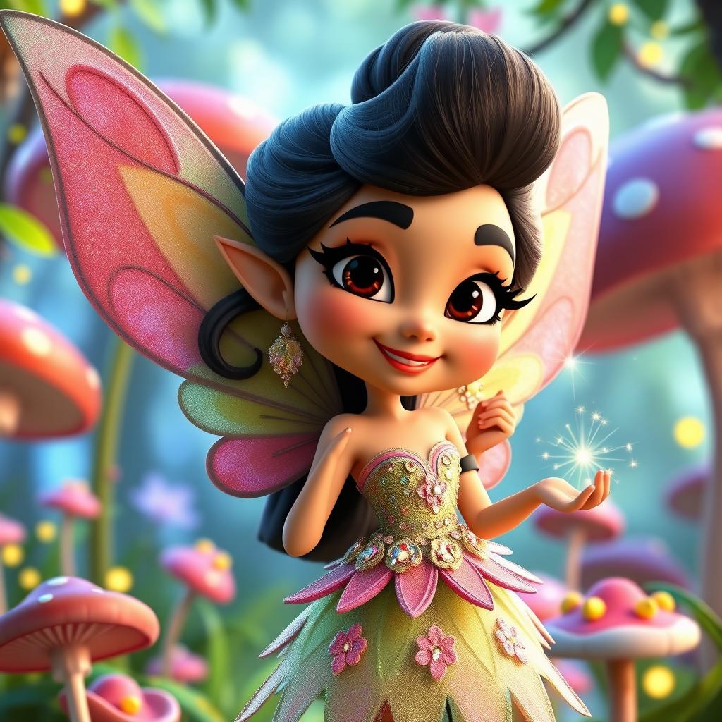 A vibrant, comical 3D Pixar-style cartoon fairy inspired by Priyanka Chopra, featuring a playful expression and whimsical costume adorned with colorful wings