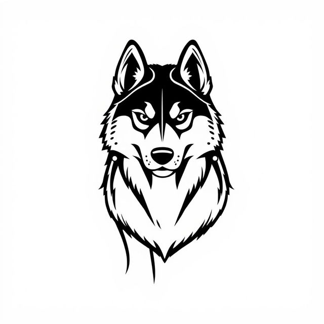 A logo design in line art style featuring a majestic Siberian Husky with piercing eyes