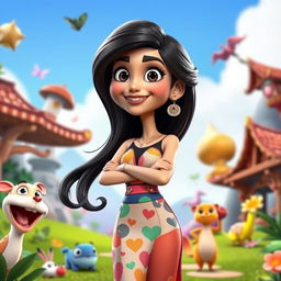 A lively 3D Pixar-style cartoon character inspired by Deepika Padukone