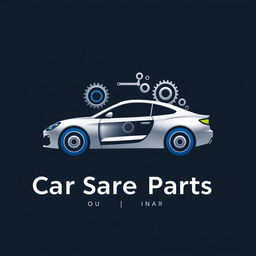 A sleek and modern logo design for a car spare parts company, featuring an abstract representation of a car silhouette integrated with mechanical gears and tools