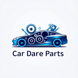 A sleek and modern logo design for a car spare parts company, featuring an abstract representation of a car silhouette integrated with mechanical gears and tools