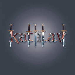 The word 'kataav' creatively depicted using intricately designed swords, with each letter formed by different styles of swords like katana, broadsword, and rapier