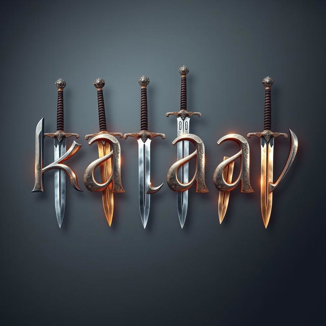 The word 'kataav' creatively depicted using intricately designed swords, with each letter formed by different styles of swords like katana, broadsword, and rapier