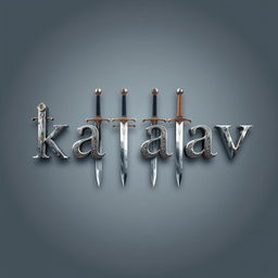 The word 'kataav' creatively depicted using intricately designed swords, with each letter formed by different styles of swords like katana, broadsword, and rapier