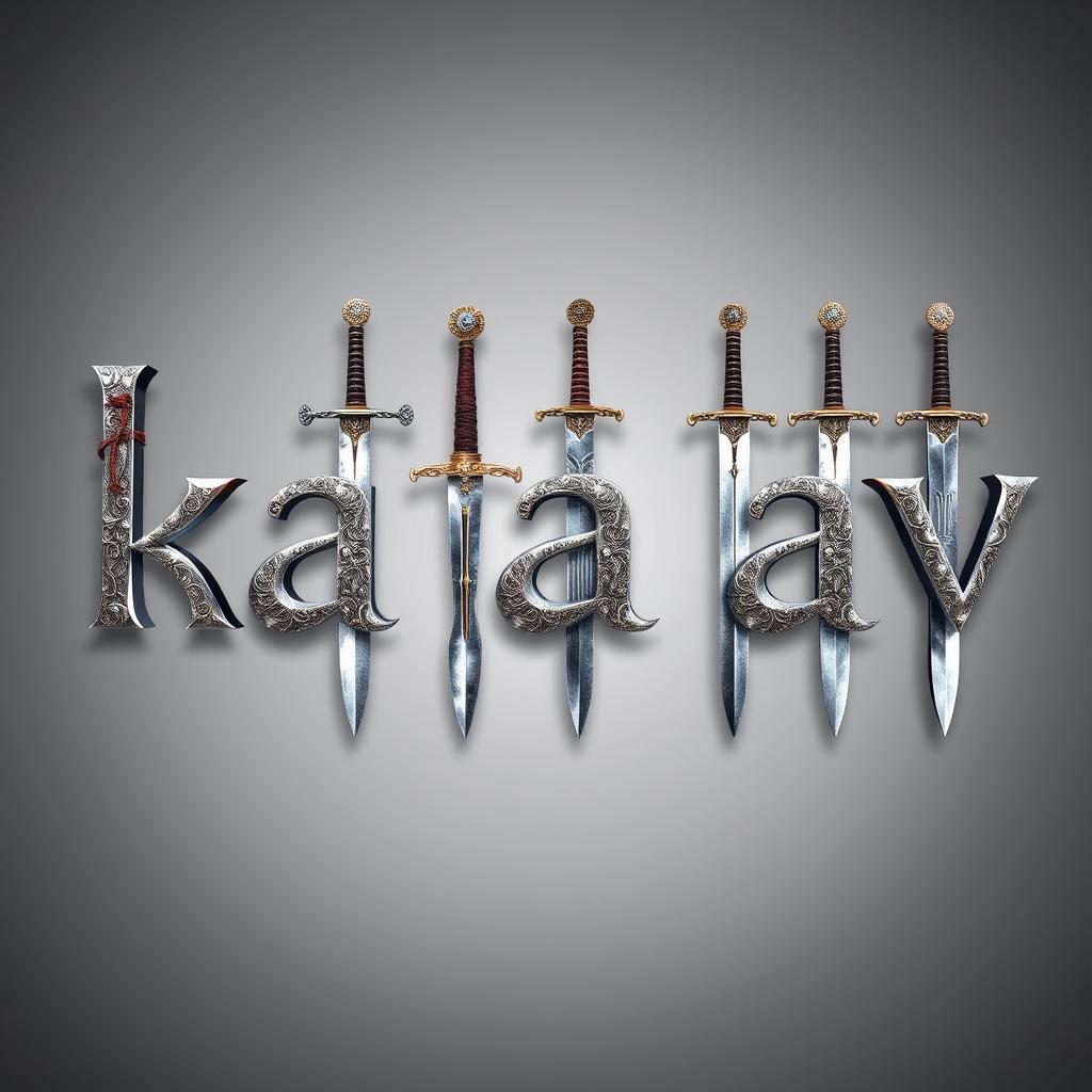 The word 'kataav' creatively depicted using intricately designed swords, with each letter formed by different styles of swords like katana, broadsword, and rapier