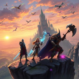A dynamic and vibrant scene from a fantasy role-playing video game, featuring a diverse group of adventurers standing on a cliff overlooking a vast, enchanted landscape