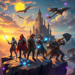 A dynamic and vibrant scene from a fantasy role-playing video game, featuring a diverse group of adventurers standing on a cliff overlooking a vast, enchanted landscape