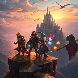 A dynamic and vibrant scene from a fantasy role-playing video game, featuring a diverse group of adventurers standing on a cliff overlooking a vast, enchanted landscape