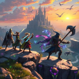 A dynamic and vibrant scene from a fantasy role-playing video game, featuring a diverse group of adventurers standing on a cliff overlooking a vast, enchanted landscape