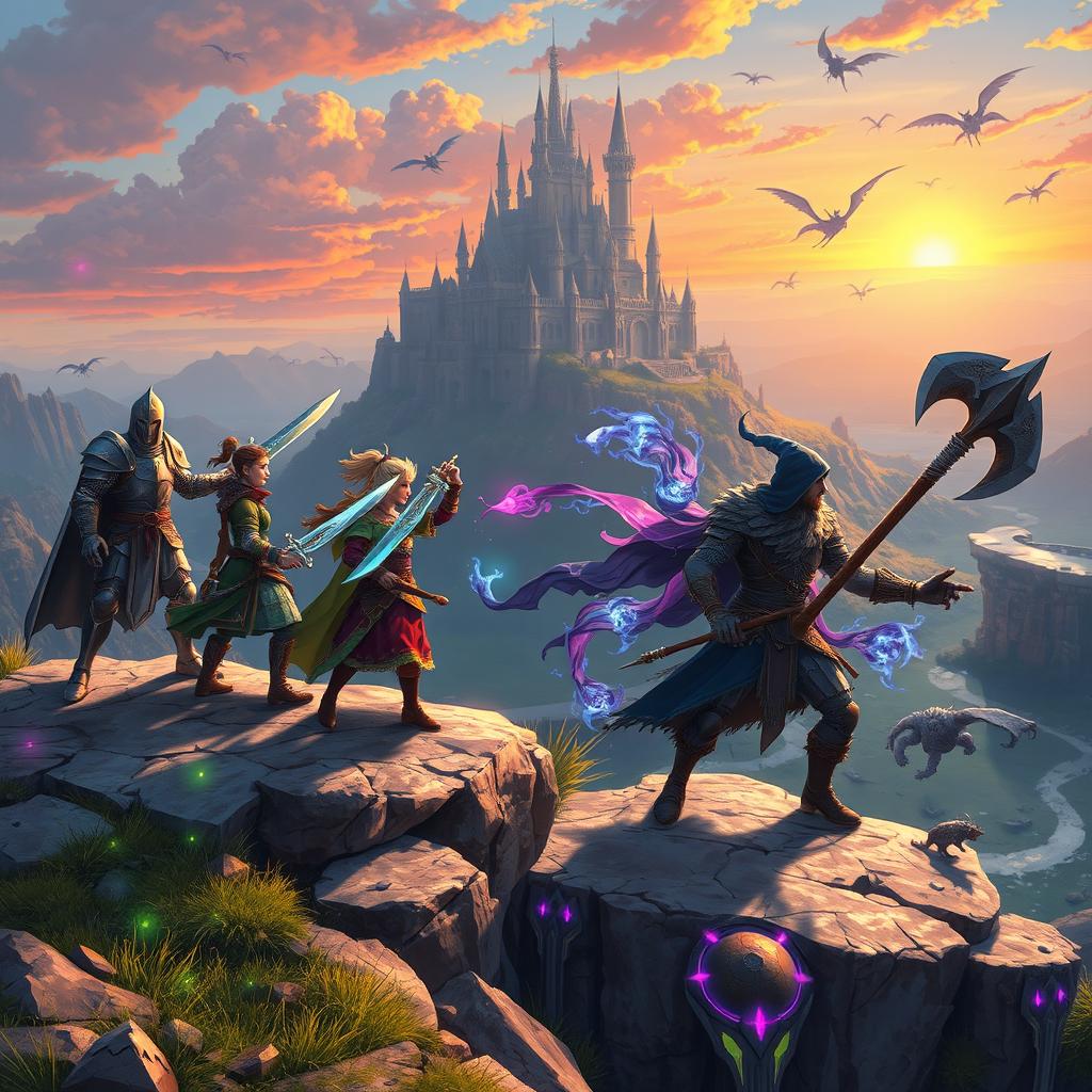 A dynamic and vibrant scene from a fantasy role-playing video game, featuring a diverse group of adventurers standing on a cliff overlooking a vast, enchanted landscape