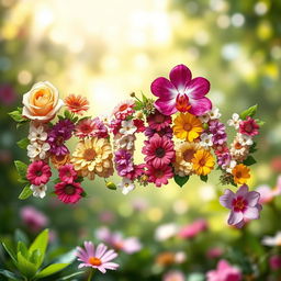 The word 'kataav' beautifully formed using a variety of colorful flowers, including roses, daisies, and orchids