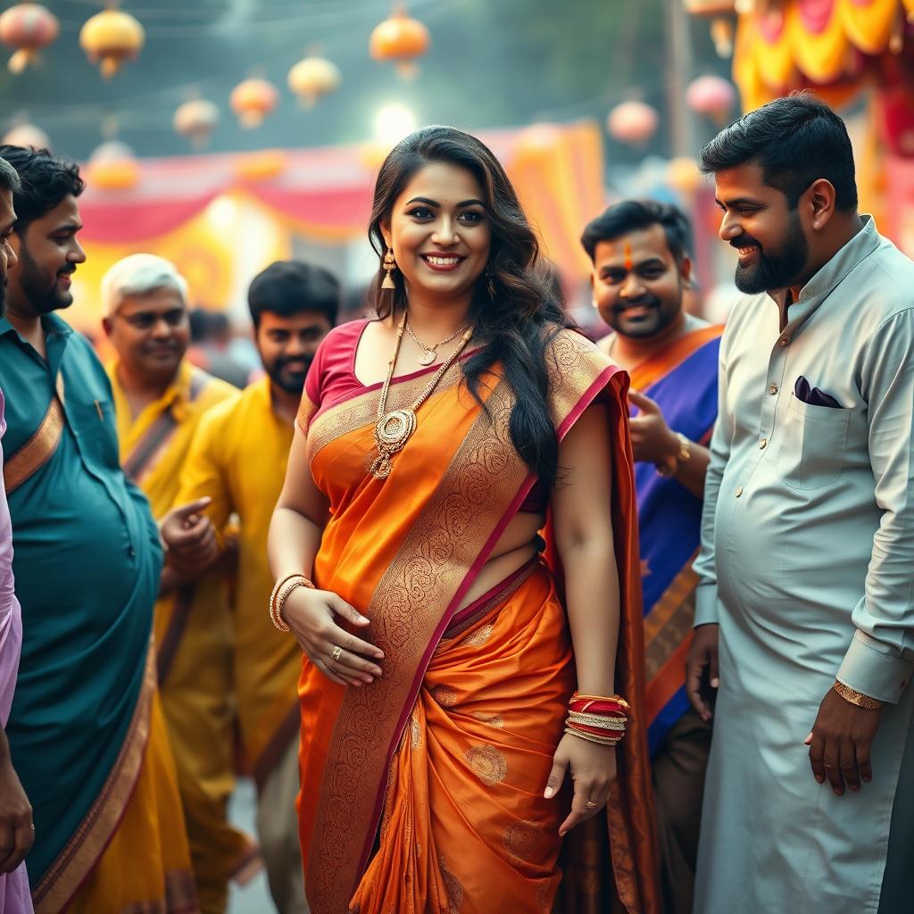 A voluptuous woman with big breasts, wearing a traditional Indian outfit that elegantly showcases her curves