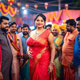 A voluptuous woman with big breasts, wearing a traditional Indian outfit that elegantly showcases her curves