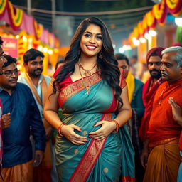 A voluptuous woman with big breasts, wearing a traditional Indian outfit that elegantly showcases her curves