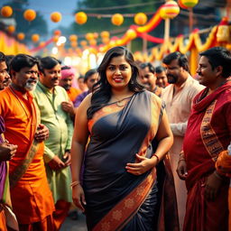 A voluptuous woman with big breasts, wearing a traditional Indian outfit that elegantly showcases her curves