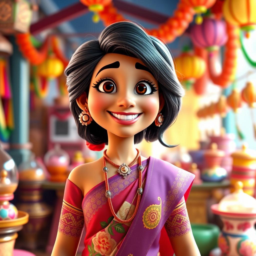 A vibrant 3D Pixar style cartoon character inspired by Indian actress Kirron Kher