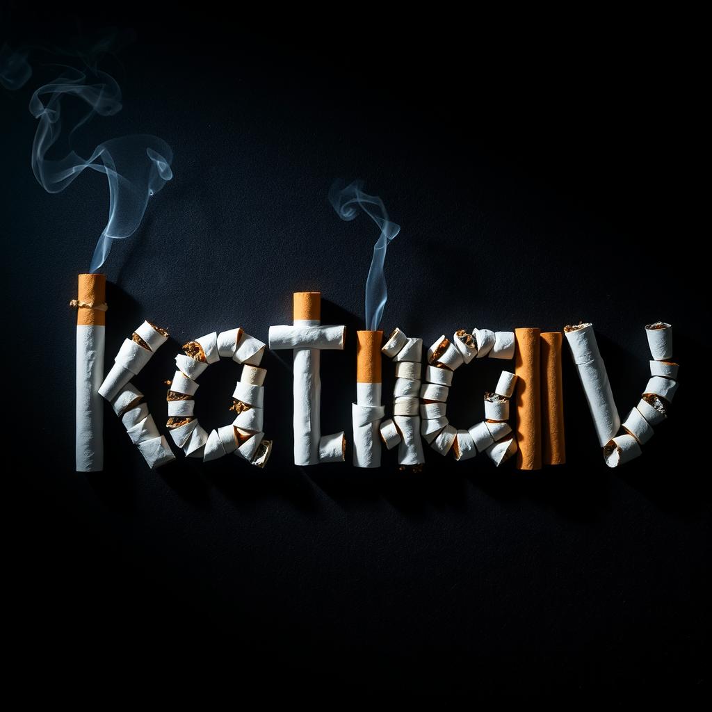 A creative and artistic representation of the word 'kataav' formed using cigarettes arranged in a stylish way