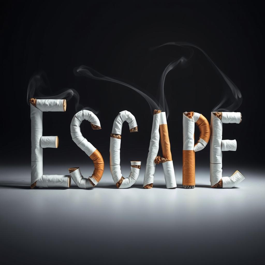 An artistic representation of the word 'Escape' crafted from cigarettes, skillfully arranged to form the letters