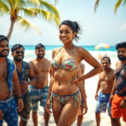 A stunning woman with an attractive figure wearing a bikini, confidently posing on a vibrant beach