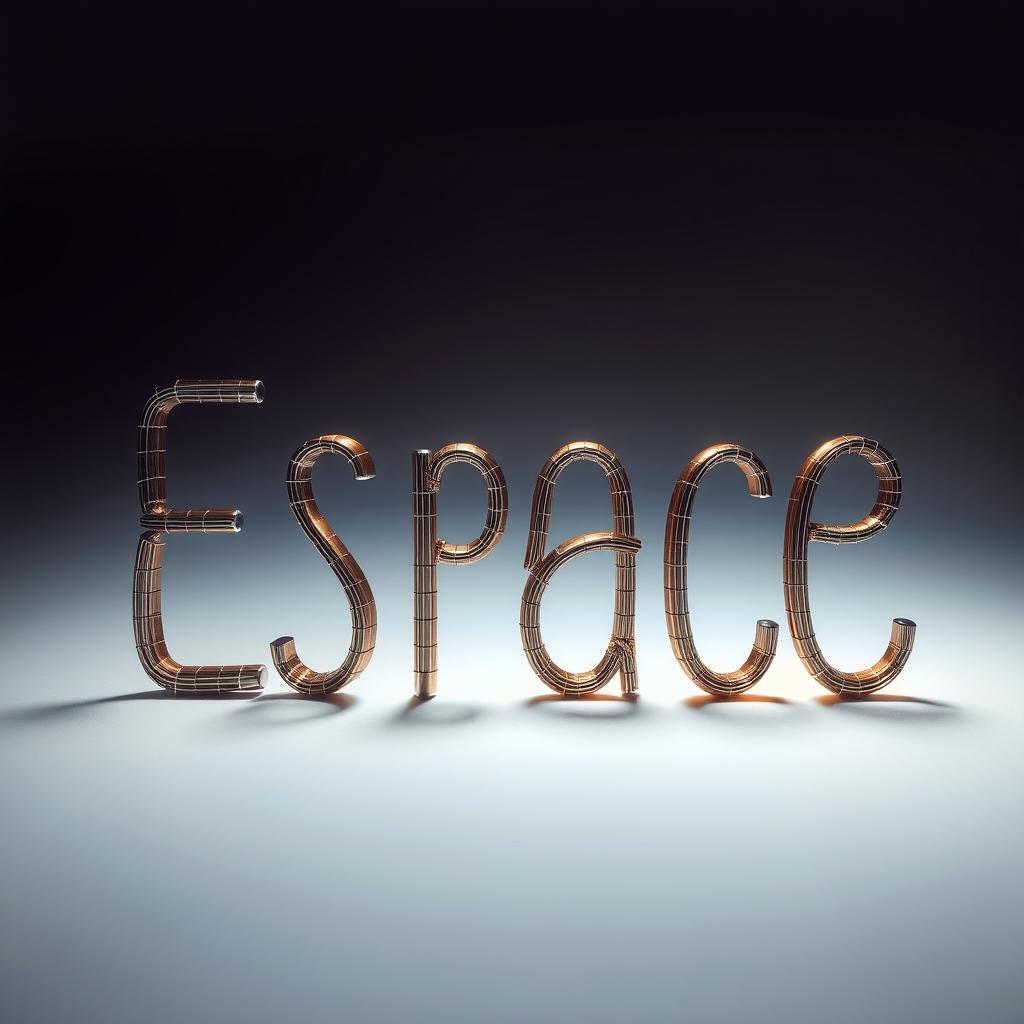 An artistic representation of the word 'Espace' crafted from guitar strings, elegantly arranged to form each letter