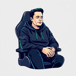 A logo design featuring Elon Musk dressed in a black hoodie, sitting on a modern gaming chair