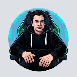 A logo design featuring Elon Musk dressed in a black hoodie, sitting on a modern gaming chair