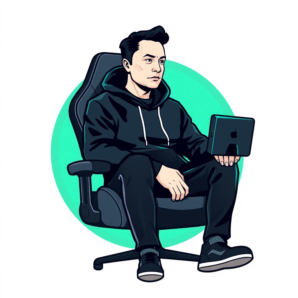 A logo design featuring Elon Musk dressed in a black hoodie, sitting on a modern gaming chair