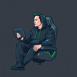 A logo design featuring Elon Musk dressed in a black hoodie, sitting on a modern gaming chair