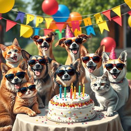A realistic depiction of cats and dogs celebrating a lively birthday party
