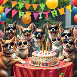 A realistic depiction of cats and dogs celebrating a lively birthday party